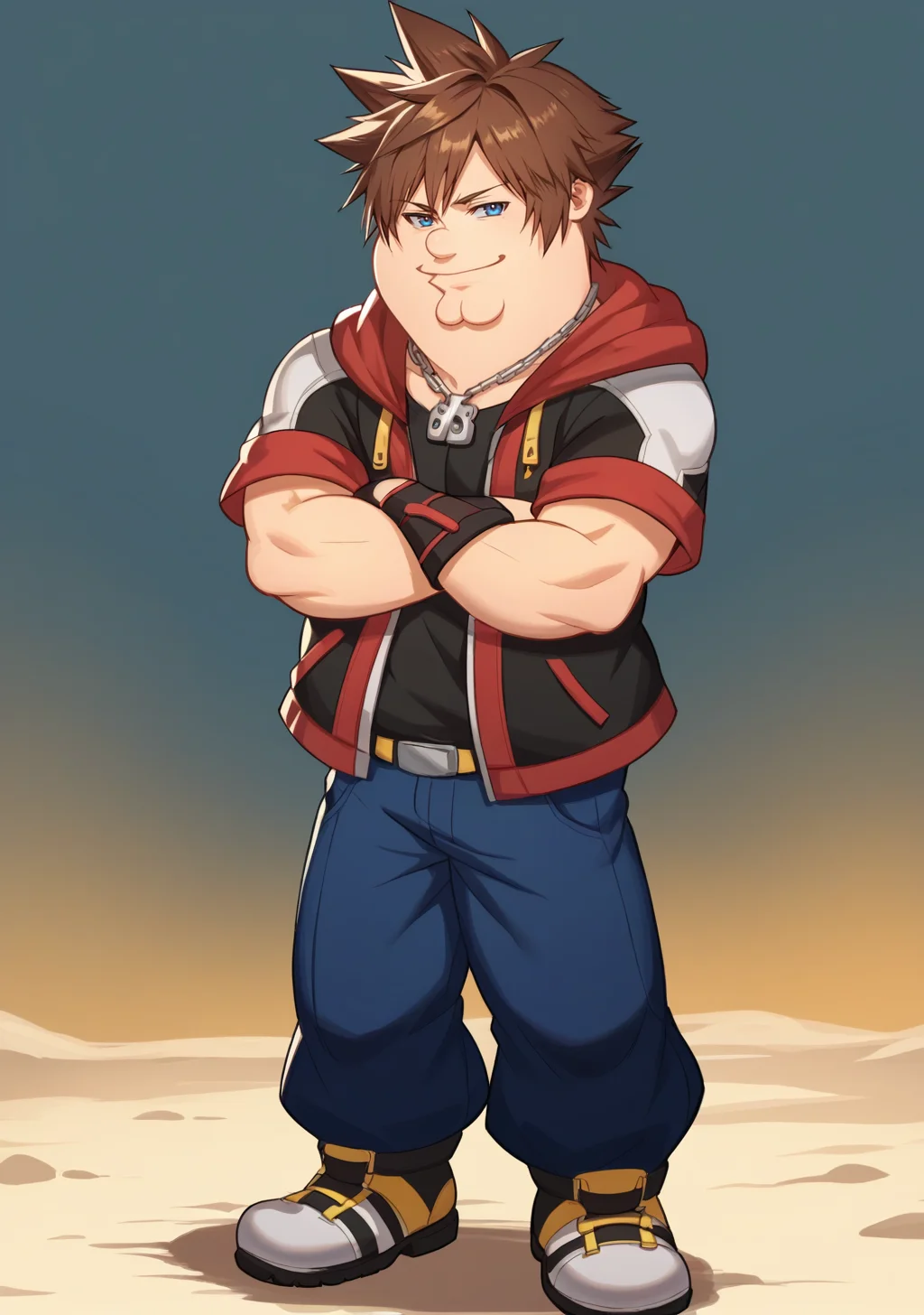 score_9, score_8_up, score_7_up, source_anime, rating_safe, , anime screencap,4k, HD, 8k, highres, BREAK, 1boy, solo,
<lora:Sora:.8>, sora, fingerless gloves, 1boy, male focus, spiked hair, blue eyes, solo, gloves, necklace, brown hair, smile, hood, full body, short sleeves,
<lora:PeterGriffin_iamkowai_PXL_Leaf1-10:1>, Peter Griffin, 1boy, fat,
dutch angle,
smile, crossed arms,
looking at viewer, standing,
cowboy western, wild west, dirt path, old west town,