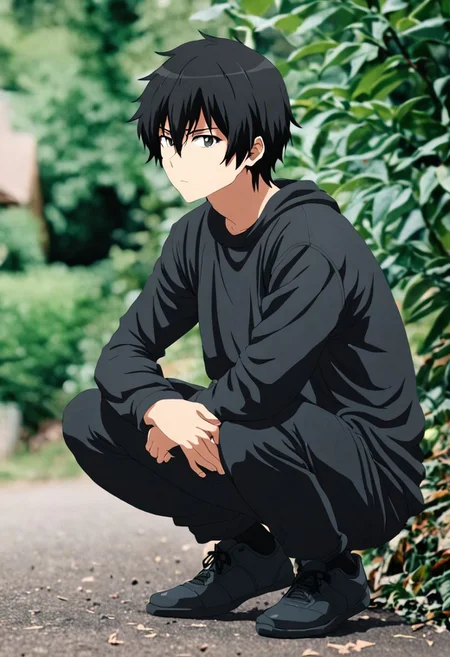 high resolution, solo, best quality, 1Boy, Kanie Seiya, Black Hair, lofi, candid, squat, depth of field, photo model, looking at viewer, OverallDetail