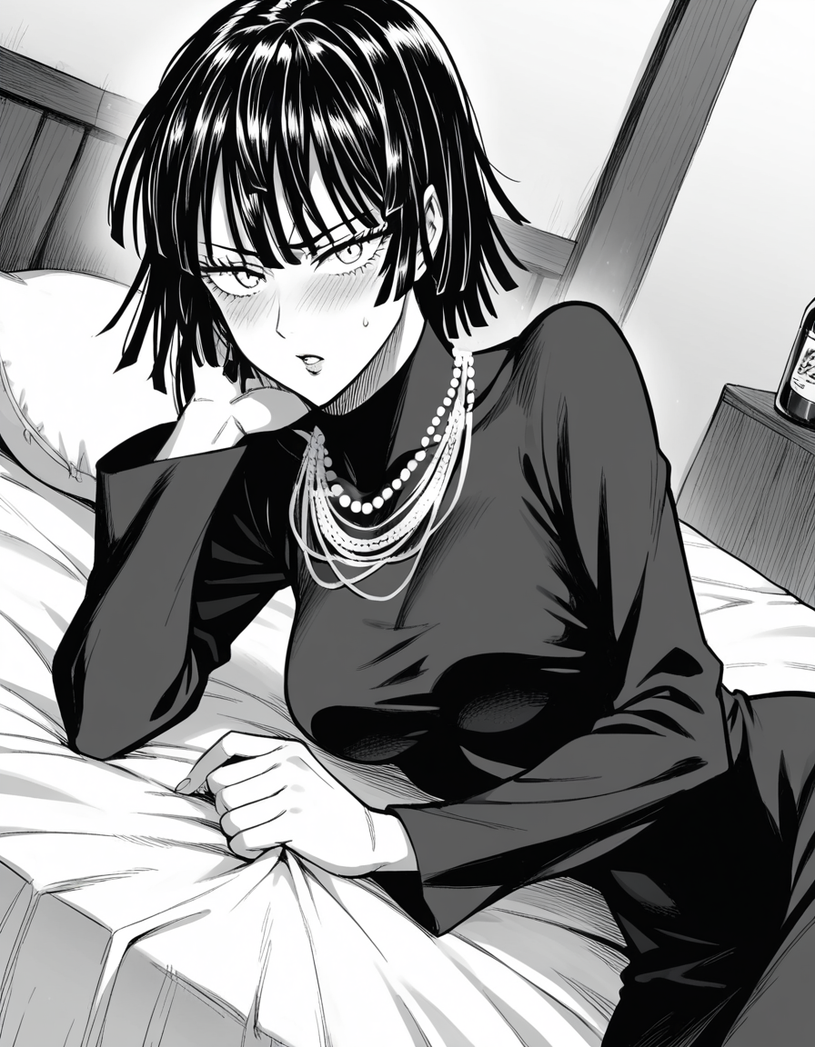 score_9, score_8_up, score_7_up, source_anime,
fubuki, <lora:opm-fubuki-manga-ponyxl-lora-nochekaiser:1>,
fubuki, fubuki \(one-punch man\), black hair, medium hair, monochrome, greyscale,
black dress, dress, high collar, jewelry, necklace, taut clothes, taut dress,
indoors, bed, bed room, on side, blush, drunk,
looking at viewer, cowboy shot, solo, dutch angle,
