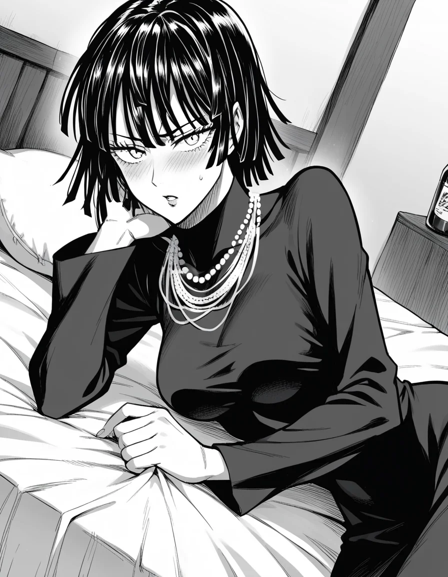 score_9, score_8_up, score_7_up, source_anime,
fubuki, <lora:opm-fubuki-manga-ponyxl-lora-nochekaiser:1>,
fubuki, fubuki \(one-punch man\), black hair, medium hair, monochrome, greyscale,
black dress, dress, high collar, jewelry, necklace, taut clothes, taut dress,
indoors, bed, bed room, on side, blush, drunk,
looking at viewer, cowboy shot, solo, dutch angle,
