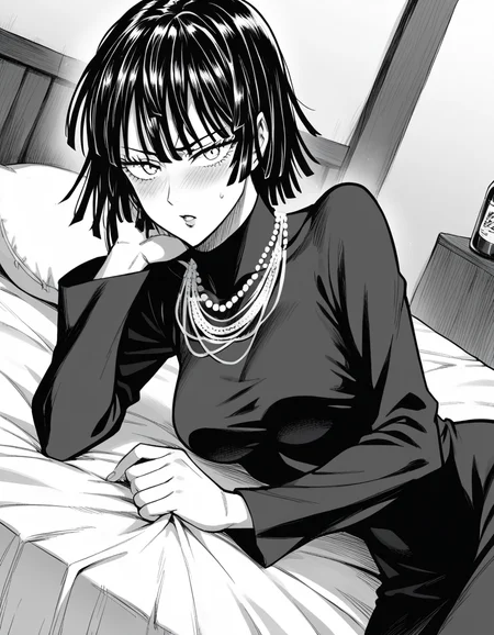 score_9, score_8_up, score_7_up, source_anime,
fubuki, <lora:opm-fubuki-manga-ponyxl-lora-nochekaiser:1>,
fubuki, fubuki \(one-punch man\), black hair, medium hair, monochrome, greyscale,
black dress, dress, high collar, jewelry, necklace, taut clothes, taut dress,
indoors, bed, bed room, on side, blush, drunk,
looking at viewer, cowboy shot, solo, dutch angle,