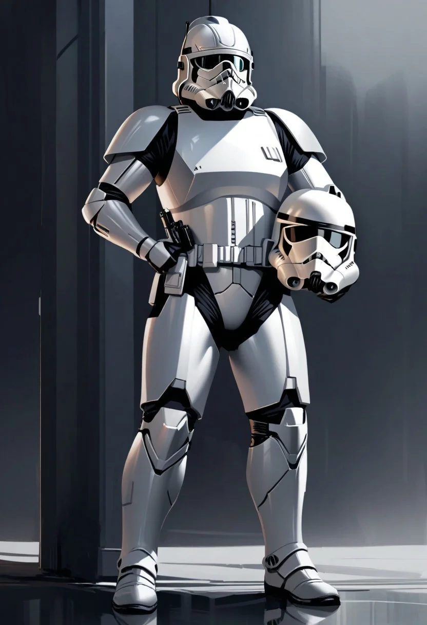 masterpiece, best quality, BREAK stormtrooper, helmet, realistic, 1other, bodysuit, boots, ambiguous gender, holding helmet, rifle, assault visor, standing