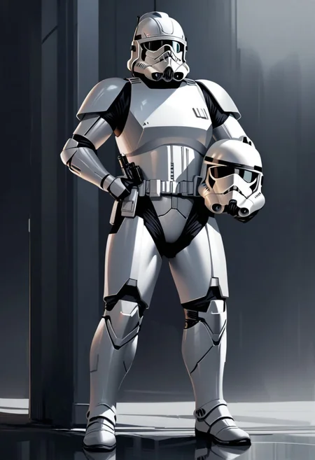 masterpiece, best quality, BREAK stormtrooper, helmet, realistic, 1other, bodysuit, boots, ambiguous gender, holding helmet, rifle, assault visor, standing