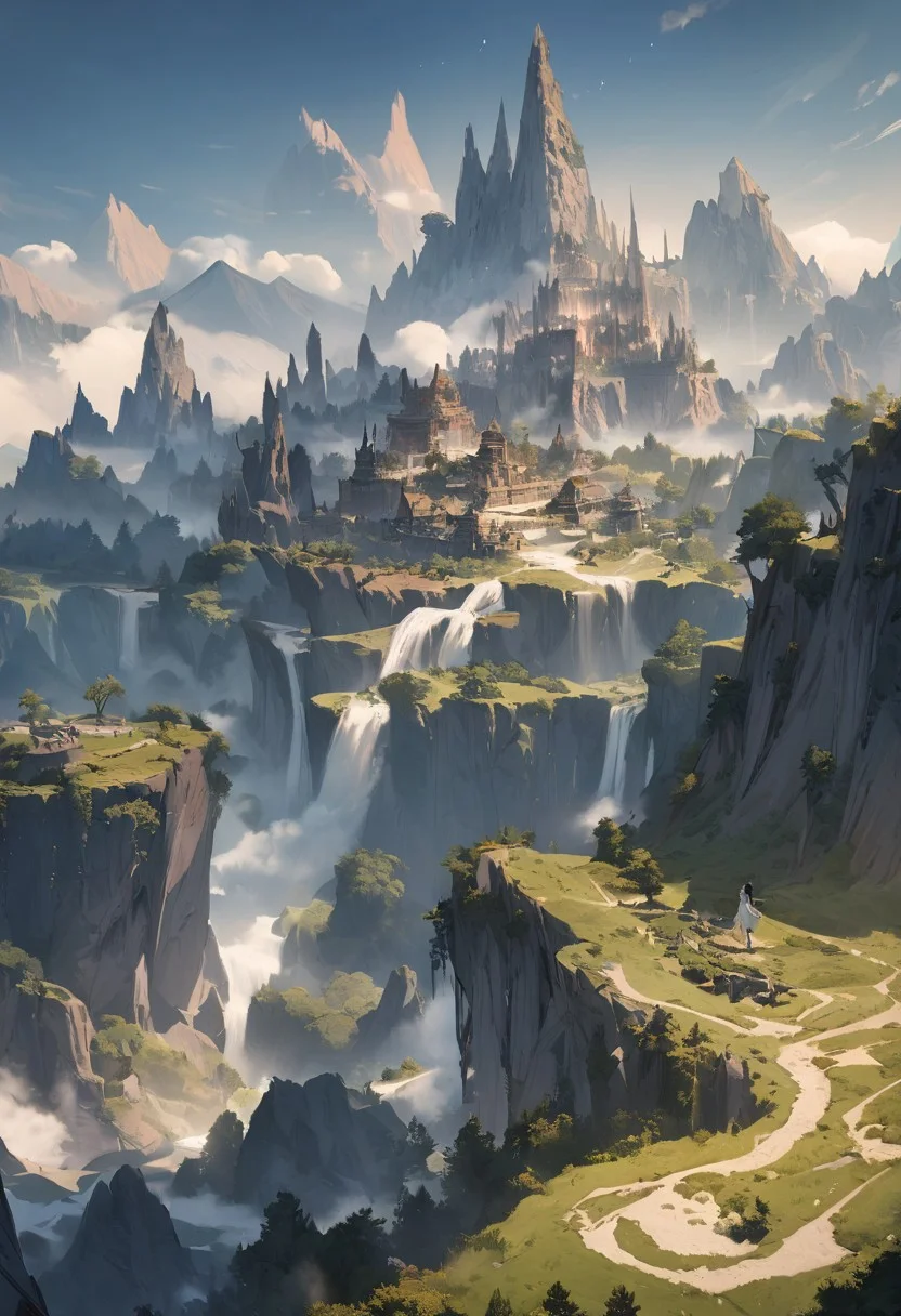 masterpiece, best quality, high detailed, fantasy landscape, ancient, magical, 1 girl in the distances