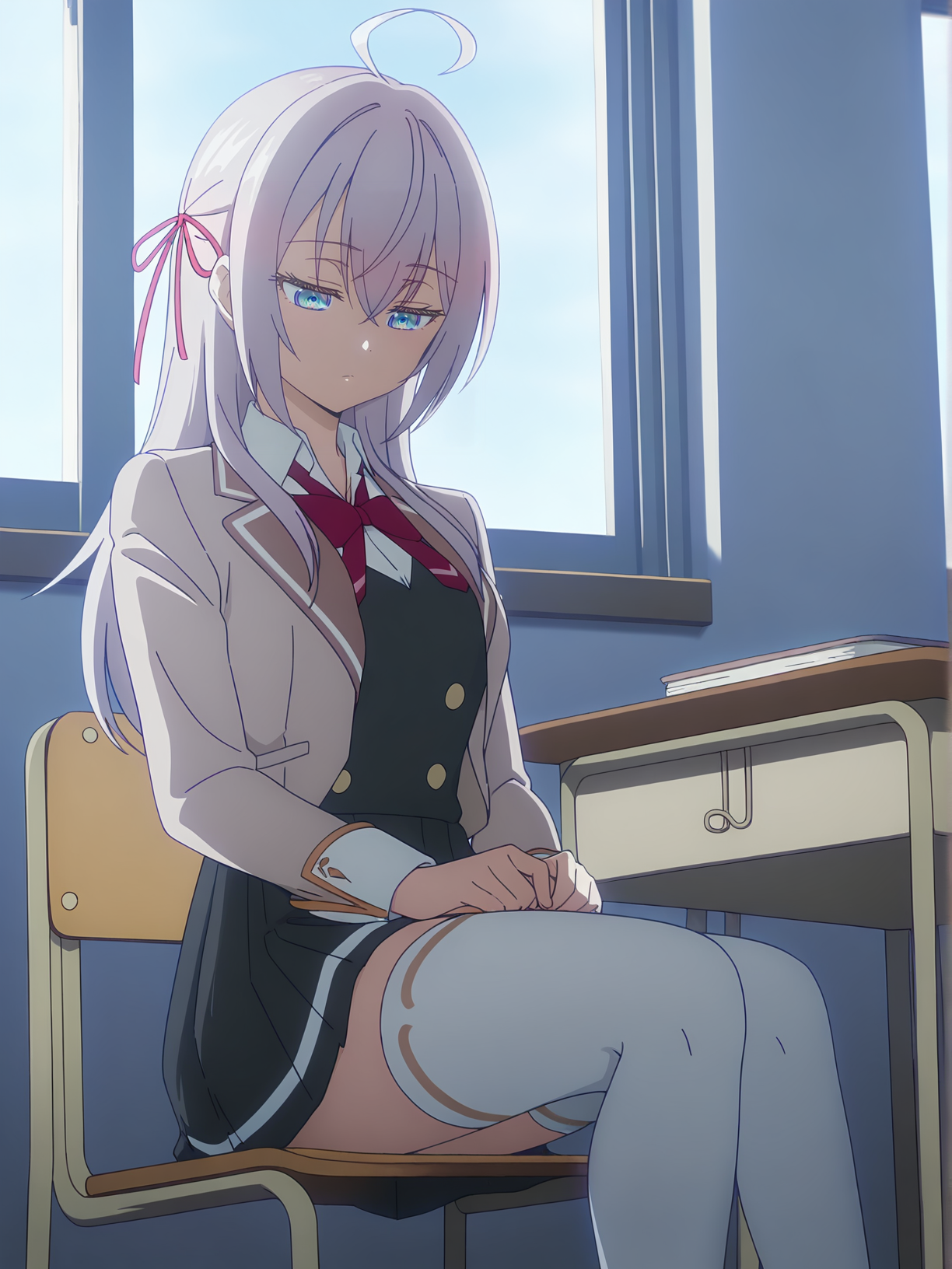 <lora:Alya_v2:0.9>, alya, 1girl, solo, blue eyes, long silver hair, ahoge, red hair bow, school uniform, beige blazer, white collared shirt, red necktie, black buttoned dress, black pleated short skirt, white thighhighs, white loafers, calm, neutral, closed mouth, half-closed eyes, sitting, on chair, feet out of frame, looking down, indoors, classroom, window, backlighting