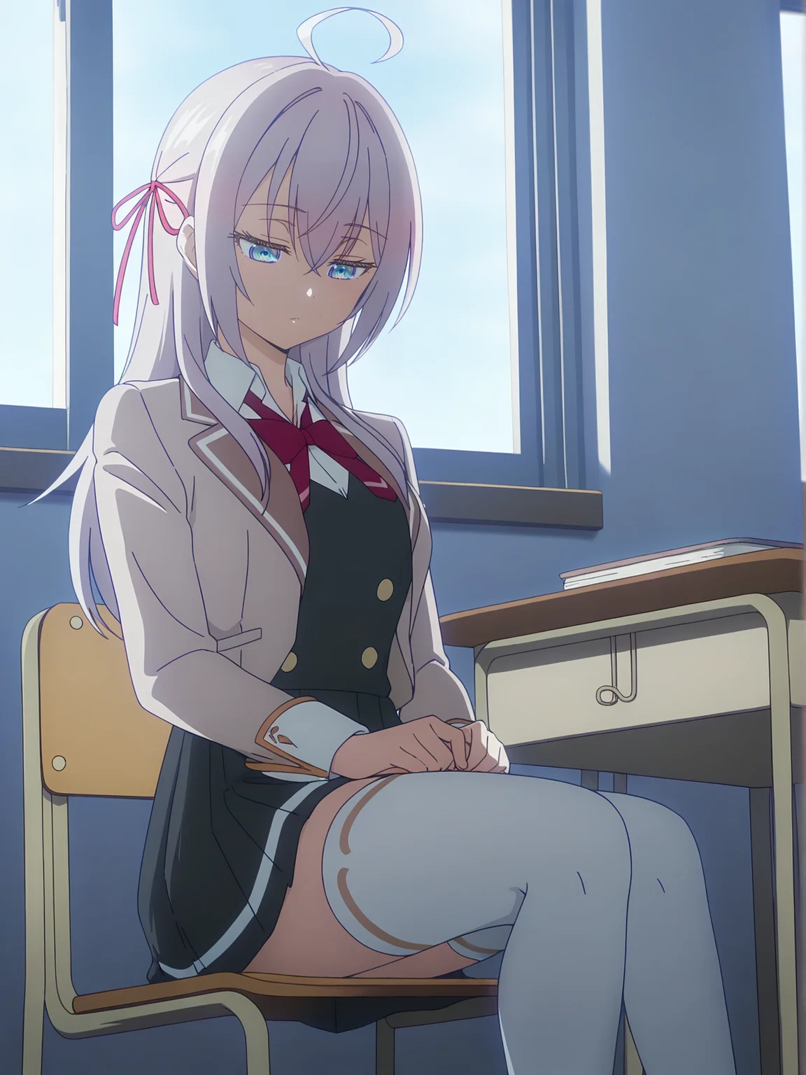<lora:Alya_v2:0.9>, alya, 1girl, solo, blue eyes, long silver hair, ahoge, red hair bow, school uniform, beige blazer, white collared shirt, red necktie, black buttoned dress, black pleated short skirt, white thighhighs, white loafers, calm, neutral, closed mouth, half-closed eyes, sitting, on chair, feet out of frame, looking down, indoors, classroom, window, backlighting