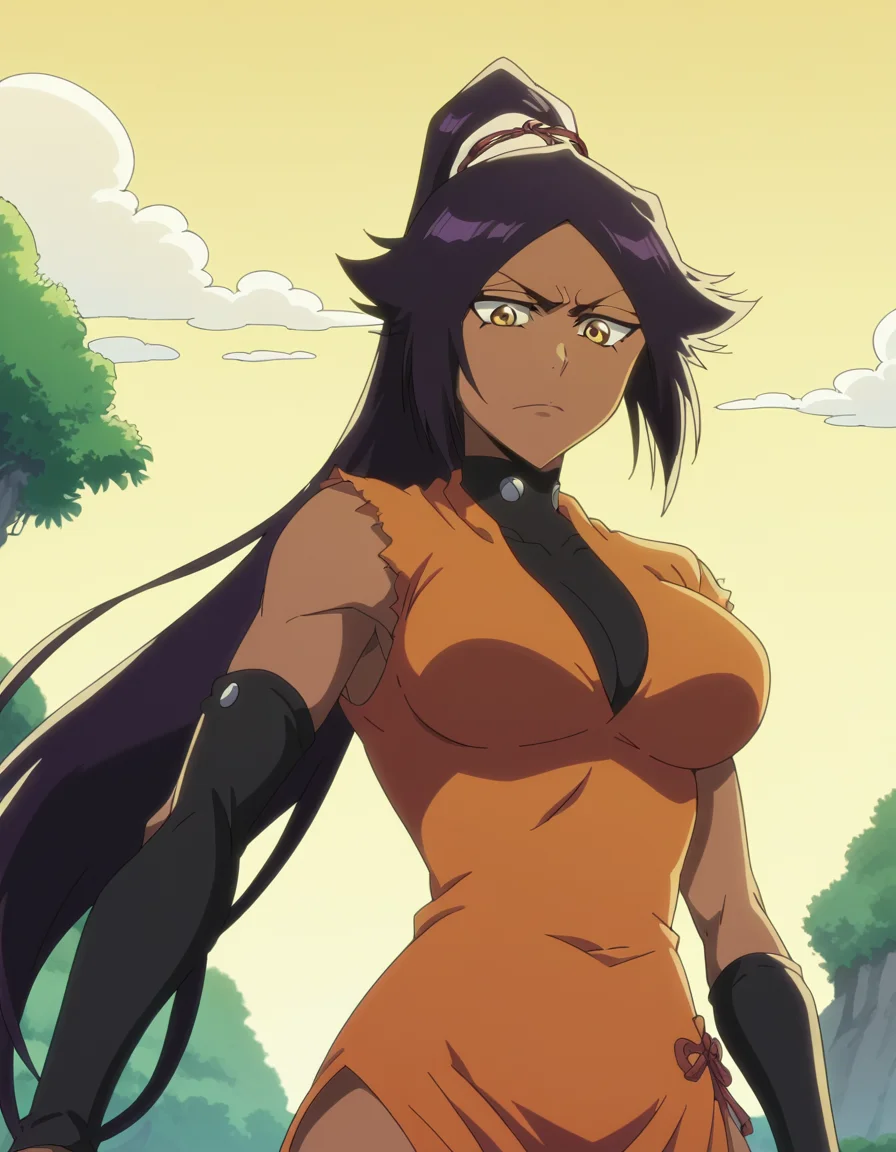 score_9, score_8_up, score_7_up, source_anime, <lora:yoruichi-shihouin-tybw-ponyxl-lora-nochekaiser:1>, yoruichi shihouin, long hair, black hair, ponytail, dark skin, dark-skinned female, high ponytail, yellow eyes, large breasts, anime screencap, dress, orange dress, thighhighs, black thighhighs, detached sleeves, zettai ryouiki,, floating island, sky, clouds, greenery, magical, , from below, looking at viewer, solo,, cowboy shot, solo