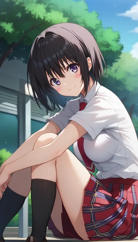 score_9,score_8_up,score_7_up,score_6_up BREAK official art,solo,outdoors,upper body,(portrait:1.5),looking at viewer,facing viewer,smile,blush,Kirisaki Kyoko,short hair,black hair,hair intakes,hair between eyes,bangs,purple eyes,school uniform,white shirt,collared shirt,red necktie,short sleeves,red skirt,pleated skirt,plaid skirt,black socks,loafers,<lora:Kirisaki Kyoko(tlr)-Pony:1.6>,
