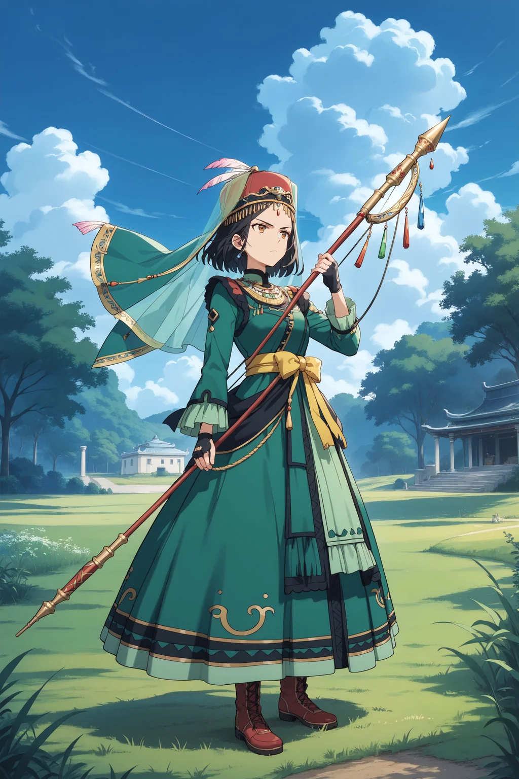 score_max, (score_9, score_8_up, score_7_up:1.0), score_6_up, official art,
, masterpiece, absurdres, high detail, 8k,
savannah, grass, naked tree, cloud, blue sky, mirage,
standing, holding weapon, bow \(weapon\), archert, aiming, serious,
dolma, black hair, forehead jewel, national costume, jewelry, hat, hat feather, emblem, yellow sash, veil, green dress, layered dress, long sleeves, long skirt, boots, fingerless gloves
<lora:XL_Pony_anime-lupin5-dolma-t1:1.0>