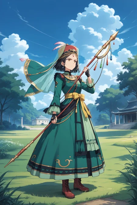 score_max, (score_9, score_8_up, score_7_up:1.0), score_6_up, official art,
, masterpiece, absurdres, high detail, 8k,
savannah, grass, naked tree, cloud, blue sky, mirage,
standing, holding weapon, bow \(weapon\), archert, aiming, serious,
dolma, black hair, forehead jewel, national costume, jewelry, hat, hat feather, emblem, yellow sash, veil, green dress, layered dress, long sleeves, long skirt, boots, fingerless gloves
<lora:XL_Pony_anime-lupin5-dolma-t1:1.0>