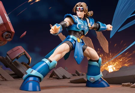 score_9, score_8_up, score_7_up, score_6_up, megamanreploid, 1boy, male focus, solo, muscular, view from side, action pose, night, mechanical fortress, simon belmont, simonbel, blue leather armor, jeweled headband, stylized blue breastplate, silver accents, black leather shorts, stylized loincloth, single pauldron, metal wristband, shoulder length brown hair, leather tassets, black boots