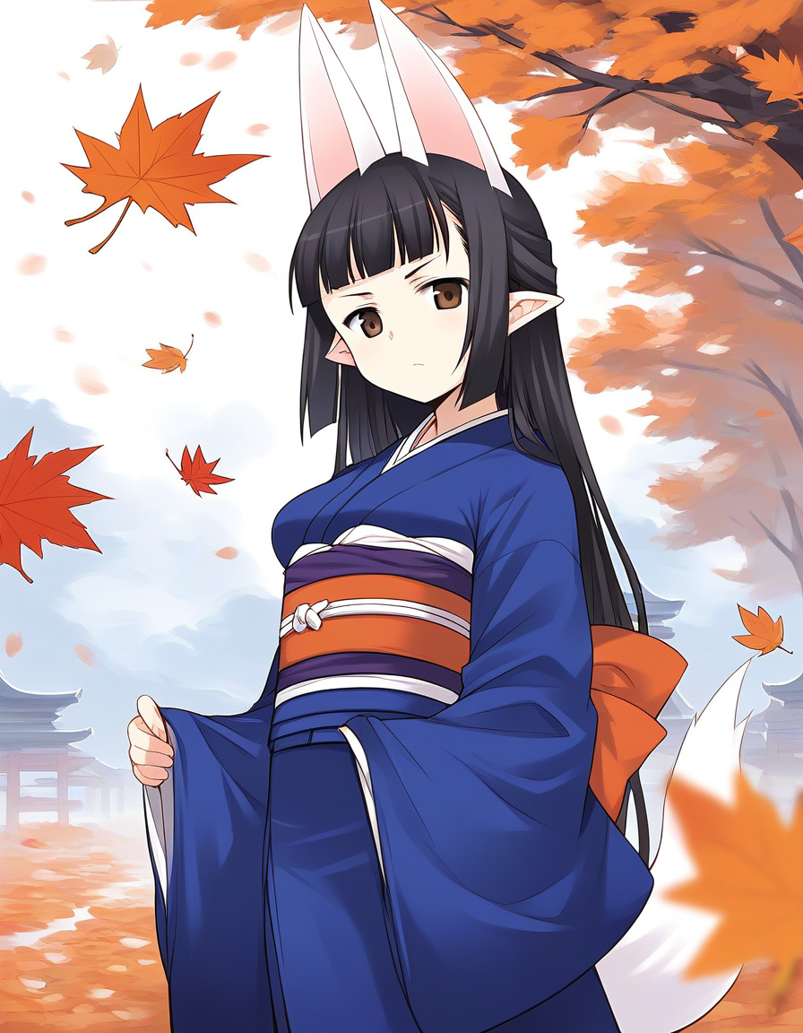 score_9, score_8_up, score_7_up, source_anime, rating_explicit, BREAK  <lora:Hasaha_Ver2.0_XL:1> Hasaha, animal ears, black hair, brown eyes, pointy ears,  white tail, 
 long hair, japanese clothes, kimono, sash, obi, blunt bangs, holding, medium breasts,
japanese clothes, blue kimono,   sash, obi,  
fallen leaves, autumn, day,
serious,
looking at viewer, 
cowboy_Shot,