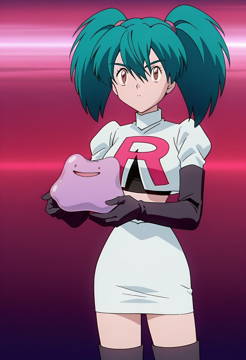score_9, score_8, score_7, anime_screencap, anime_coloring, source_anime, high_res, rating_questionable,, uncensored,
pkmnduplica, 1girl, green hair, aqua hair, twintails, bangs, hair between eyes, brown eyes,
team rocket uniform, white crop top, white skirt, black gloves, elbow gloves, holding, Pokemon_(/creature/), Ditto