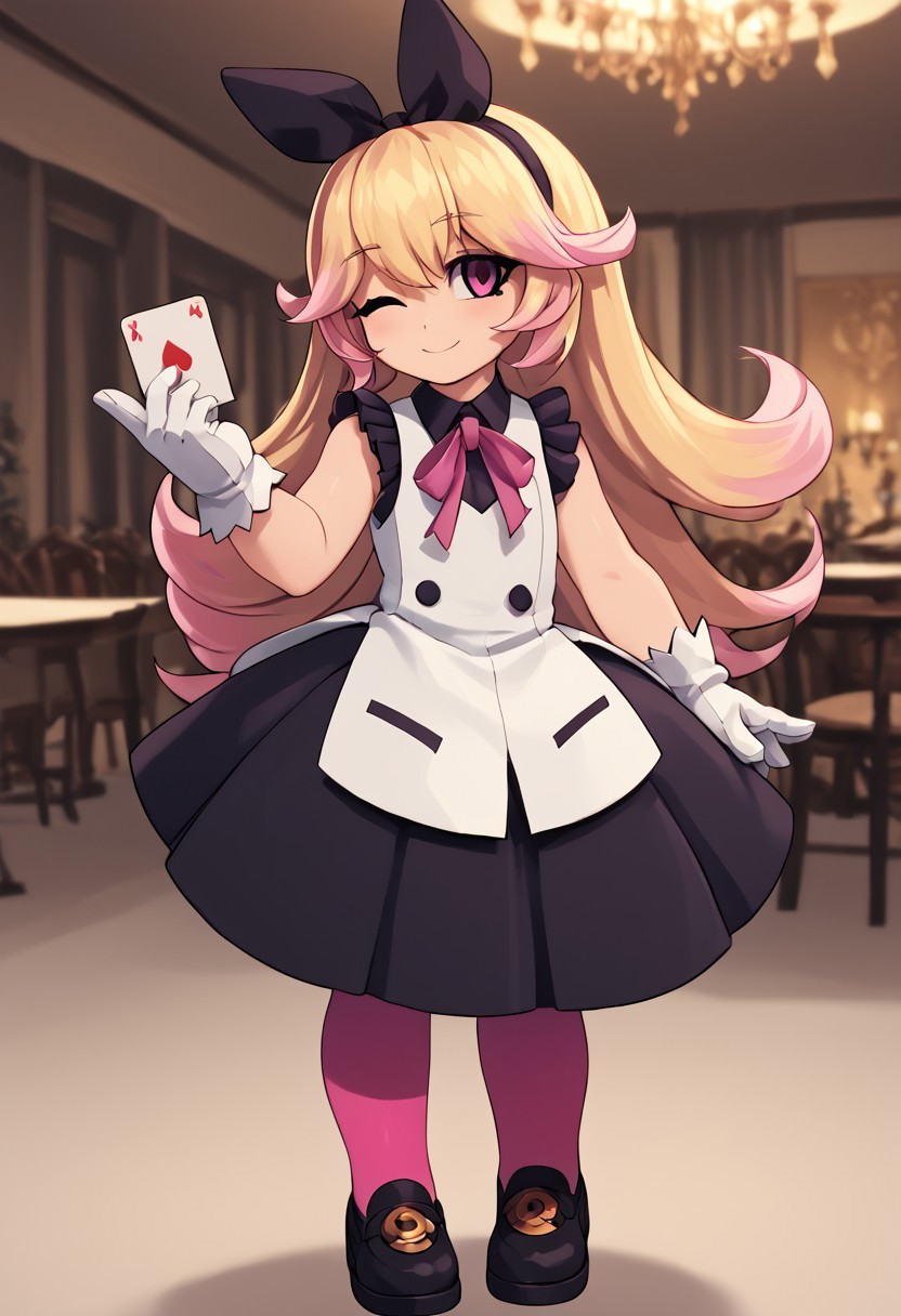 score_4,score_5,score_6,score_7_up,score_8_up,score_9
((masterpiece,best quality,ultra detailed,highres,HD,4k:1.2)),
1girl,solo,
dark pink eyes, blonde hair, long hair, hairband, ribbon, multicolored hair, pink hair tips, bangs, ribbon on clothes, pink pantyhose, white gloves, gloves, sleeveless dress, frilly dress, black footwear, black shoes,
standing,Indoors, luxurious interiors,holding a playing card, smile, wink,