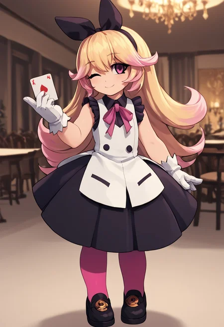 score_4,score_5,score_6,score_7_up,score_8_up,score_9
((masterpiece,best quality,ultra detailed,highres,HD,4k:1.2)),
1girl,solo,
dark pink eyes, blonde hair, long hair, hairband, ribbon, multicolored hair, pink hair tips, bangs, ribbon on clothes, pink pantyhose, white gloves, gloves, sleeveless dress, frilly dress, black footwear, black shoes,
standing,Indoors, luxurious interiors,holding a playing card, smile, wink,