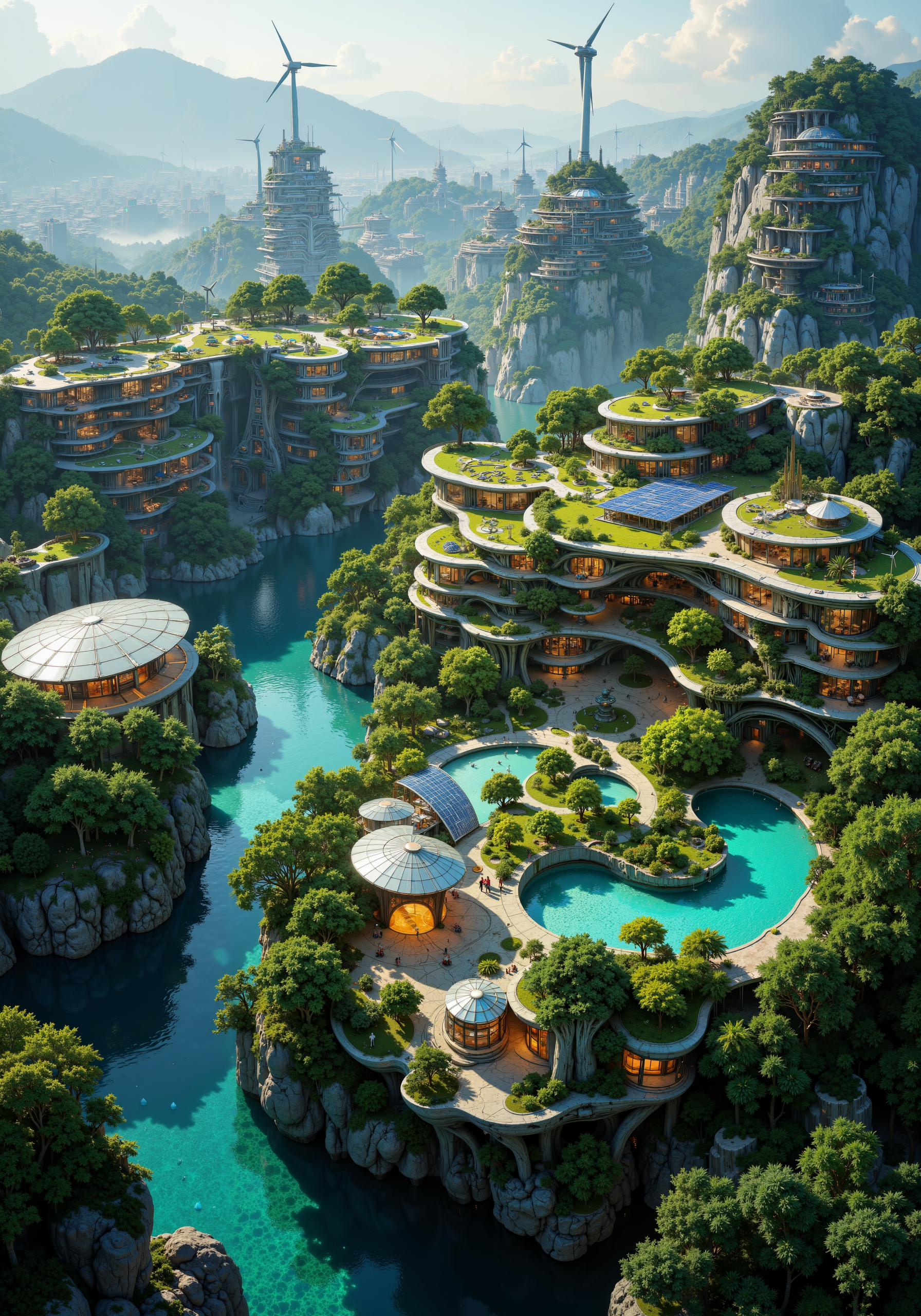 A sweeping aerial panorama of an advanced, eco-friendly settlement, where intricately designed organic urban patterns blend seamlessly with futuristic, sustainable structures. Lush rooftop gardens, solar-panel canopies, and wind turbine arrays punctuate the landscape, complemented by dynamic water features and smart, integrated green technology. Vibrant, bioluminescent accents highlight the architectural marvels, each element rendered with 8k masterpiece quality and intricate detail. Elevated green corridors and fluid, biomimetic forms merge with resilient eco-materials, forming a harmonious network of renewable energy marvels and sophisticated urban planning. Atmospheric lighting and emotive color gradients create a visionary scene of modern, renewable innovation seen from a bird's eye view, celebrating the union of nature and techno-advanced design. <lora:Dark_Gothic_Comic_style_v.2:0.5> <lora:FluxMythR3alisticF:0.1> <lora:Anime realistic V2:0.4> <lora:flux_dev:1>