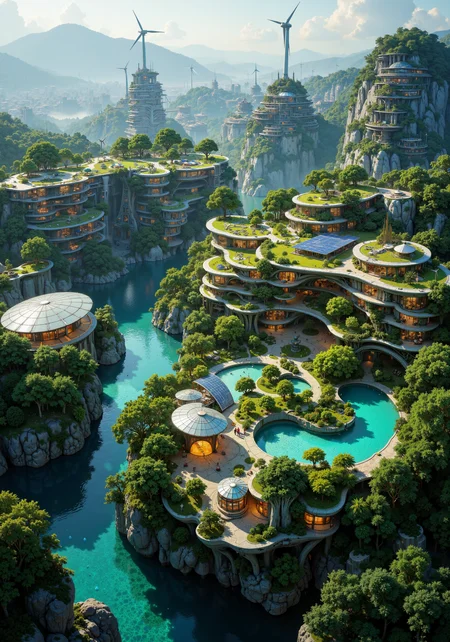 A sweeping aerial panorama of an advanced, eco-friendly settlement, where intricately designed organic urban patterns blend seamlessly with futuristic, sustainable structures. Lush rooftop gardens, solar-panel canopies, and wind turbine arrays punctuate the landscape, complemented by dynamic water features and smart, integrated green technology. Vibrant, bioluminescent accents highlight the architectural marvels, each element rendered with 8k masterpiece quality and intricate detail. Elevated green corridors and fluid, biomimetic forms merge with resilient eco-materials, forming a harmonious network of renewable energy marvels and sophisticated urban planning. Atmospheric lighting and emotive color gradients create a visionary scene of modern, renewable innovation seen from a bird's eye view, celebrating the union of nature and techno-advanced design. <lora:Dark_Gothic_Comic_style_v.2:0.5> <lora:FluxMythR3alisticF:0.1> <lora:Anime realistic V2:0.4> <lora:flux_dev:1>