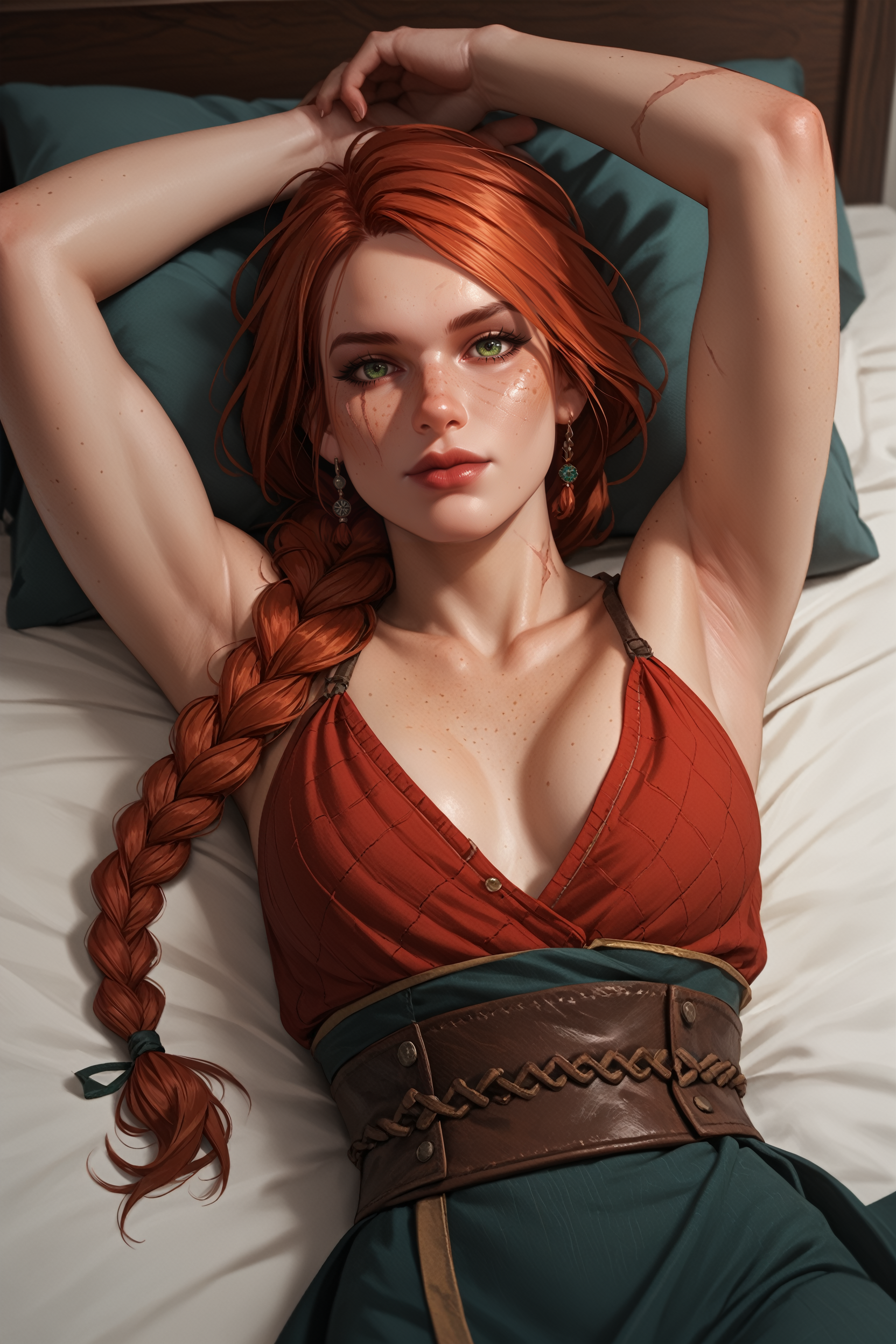 score_9, score_8_up, score_7_up,
<lora:W3Cerys:0.8>
W3Cerys, 1girl, long hair, braid, red hair, green eyes, scar, freckles, looking at viewer, looking at viewer, laying back, on bed, arms up