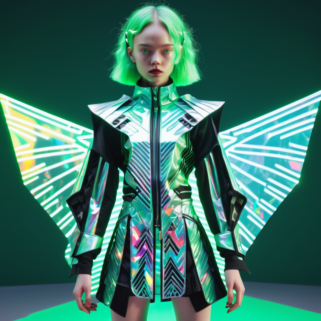 holographic hologram DonMCyb3rSp4c3XL upper body clothing,  Robotic Resin, Zigzag lines,,  Batwing Sleeves, Asymmetrical Hemline, Natural Waist,  Ruffles,,Slit Details,,Coin Pockets,,D-Rings,,High Slit, Button Closure,  , cyberspace,sci-fi, tech,<lora:DonMCyb3rSp4c3XL-000010:0.85>