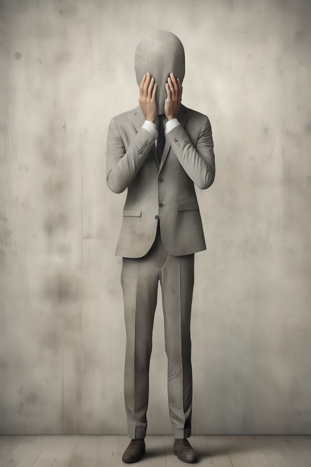 <lora:Gabriel Pacheco Style:1>Gabriel Pacheco Style - A man in a tie, hiding his face with his hands. Gabriel Pacheco style, naturalistic figures, hyper-realistic accuracy, dignified poses, the back wall in muted gray tones