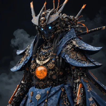 Highly detailed digital artwork featuring a humanoid robot with intricate mechanical components. The robot is adorned in traditional Japanese samurai attire, including an orange kimono with black Japanese characters and symbols. The kimono is draped over the robot's metallic frame, creating a striking contrast between the organic fabric and the synthetic body. The robot's head is sleek and futuristic, with a smooth, dark surface and glowing blue accents. It holds a long, detailed weapon across its shoulders, adding to its warrior-like appearance. The background is a dark, smoky gradient, enhancing the dramatic and intense atmosphere of the image.