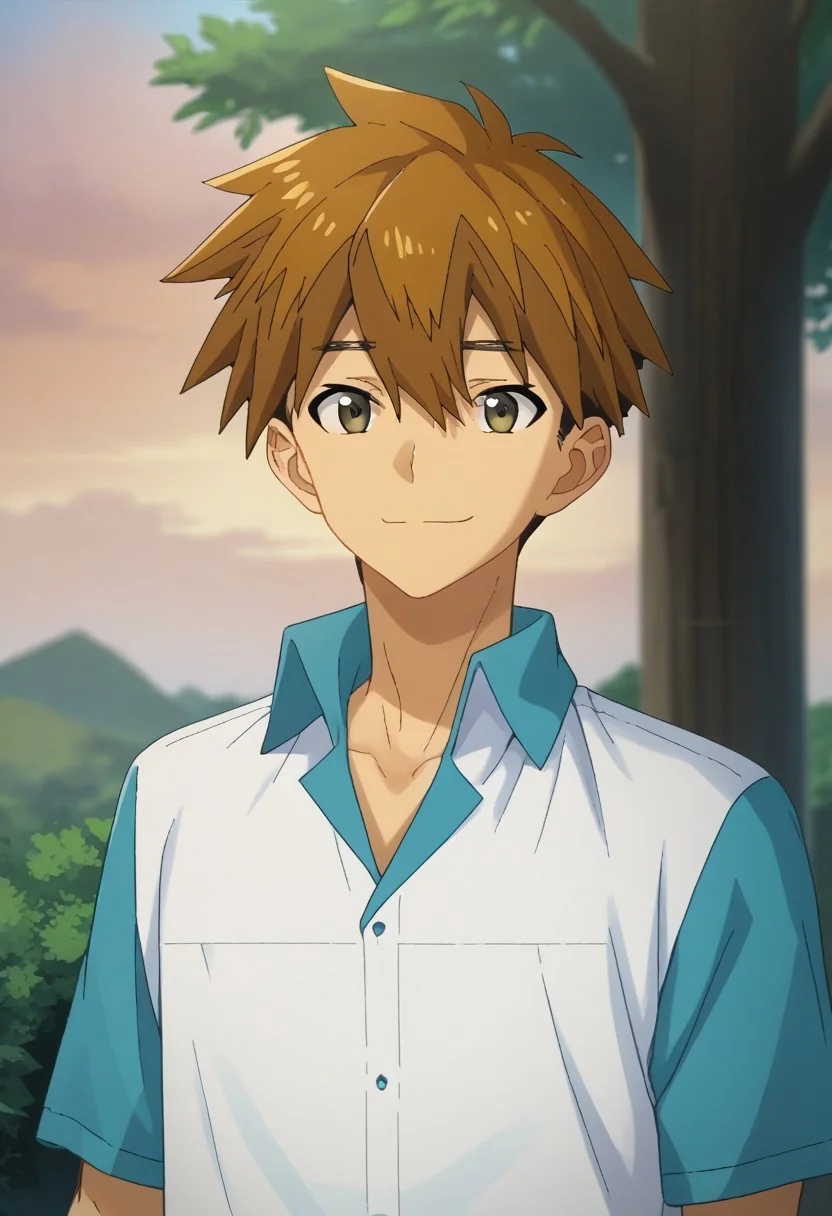 score_9, score_7_up, source_anime,
yokoya, 1boy, male focus, solo, brown eyes, brown hair, hair between eyes, short hair, multicolored clothes, shirt, collared shirt, blue shirt, white shirt, short sleeves, smile,
outdoor, sky, tree, cloud,