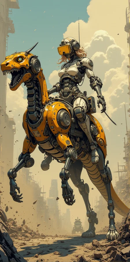 dieselpunk scene of masked cyborg girl riding on mechanical robotic long snake with orange scales through devastated battlefield, huge snake with robotic body and without legs, <lora:CPA:1> <lora:BLUE_mk4_angel_FLUX_01:1.3> <lora:dieselpunk-delight:1>