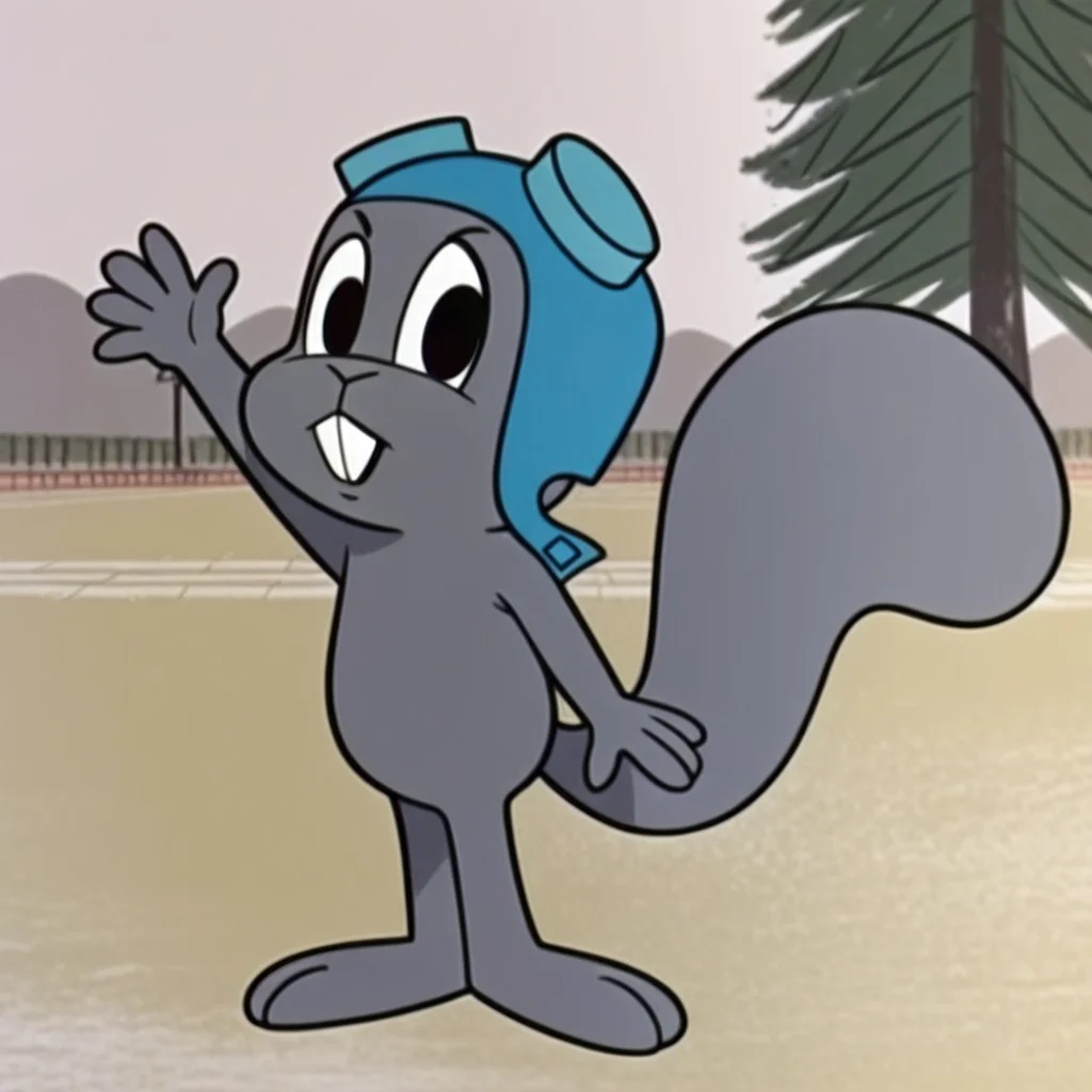 masterpiece, best quality, amazing quality, rockyjsqrrl, anthro, male, flying_squirrel, grey fur, black eyes, buck teeth, blue aviator cap and goggles, standing, happy, arm up, wave, solo, looking at viewer, park, <lora:6b0f84c8-71a3-49b1-b52c-bb79ef04af46:1.0>