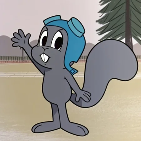 masterpiece, best quality, amazing quality, rockyjsqrrl, anthro, male, flying_squirrel, grey fur, black eyes, buck teeth, blue aviator cap and goggles, standing, happy, arm up, wave, solo, looking at viewer, park, <lora:6b0f84c8-71a3-49b1-b52c-bb79ef04af46:1.0>