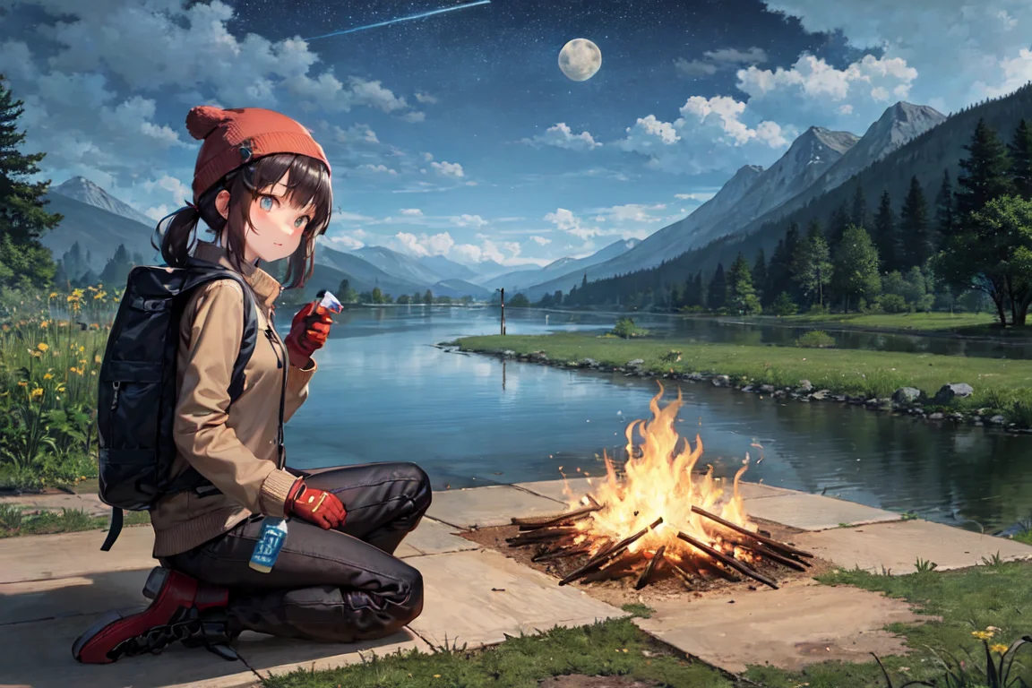 masterpiece, best quality, ultra-detailed, illustration, 1girl, solo, outdoors, camping, night, mountains, nature, stars, moon, bonfire, tent, twin ponytails, green eyes, cheerful, happy, backpack, sleeping bag, camping stove, water bottle, mountain boots, gloves, sweater, hat, flashlight, forest, rocks, river, wood, smoke, shadows, contrast, clear sky, constellations, Milky Way, peaceful, serene, quiet, tranquil, remote, secluded, adventurous, exploration, escape, independence, survival, resourcefulness, challenge, perseverance, stamina, endurance, observation, intuition, adaptability, creativity, imagination, artistry, inspiration, beauty, awe, wonder, gratitude, appreciation, relaxation, enjoyment, rejuvenation, mindfulness, awareness, connection, harmony, balance, texture, detail, realism, depth, perspective, composition, color, light, shadow, reflection, refraction, tone, contrast, foreground, middle ground, background, naturalistic, figurative, representational, impressionistic, expressionistic, abstract, innovative, experimental, unique