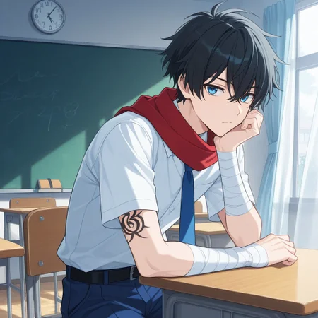 score_9, score_8_up, score_7_up, score_6_up, highly detailed, masterpiece, best quality, detailed, intricate details, amazing quality, best aesthetic, absurdres, source_anime, male focus, 1boy, red scarf, school uniform, blue necktie, blue pants, white shirt, bandaged arm, black hair, blue eyes, male focus, tattoo, short hair, Classroom, blackboard, desk, chair, window, curtain, clock, masterpiece, best quality, ultra-detailed, illustration, an extremely delicate and beautiful, beautiful detailed eyes,unity 8k wallpaper, high resolution, anime CG, official_art,
