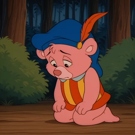 cubbigummixl, toony, cartoon, retro, anthro, solo, pink bear, striped tunic, blue hat with feather, sad, looking down, sad, detailed background, forest, bush, full body