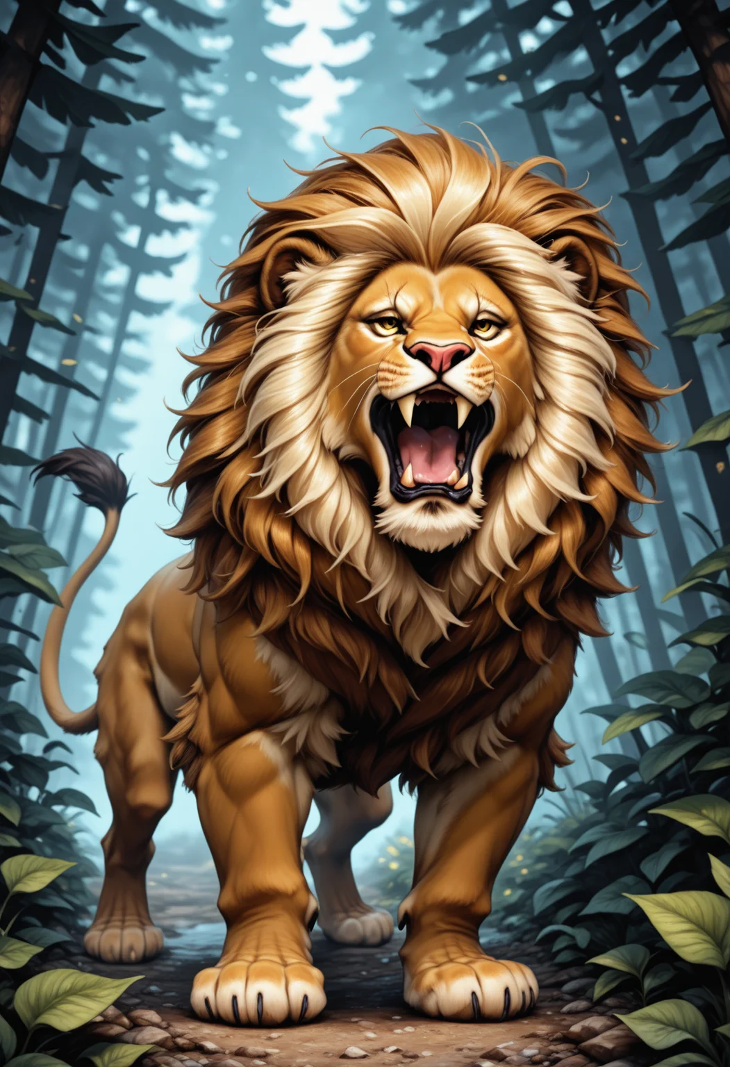 vwstyle, masterpiece, best quality, absurdres, very aesthetic, 1boy, solo, feral, lion, open mouth, fangs, full body, zoo background,