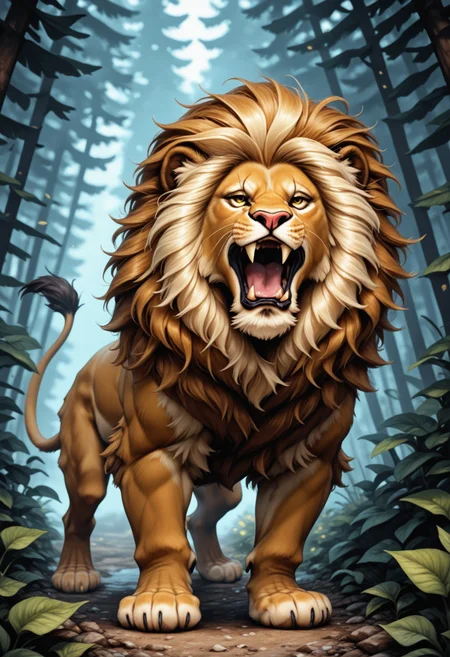 vwstyle, masterpiece, best quality, absurdres, very aesthetic, 1boy, solo, feral, lion, open mouth, fangs, full body, zoo background,