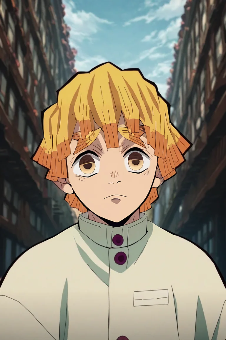 score_9, score_8_up, score_7_up, score_6_up, score_5_up, score_4_up, BREAK source_anime, anime screencap, anime coloring, , looking at viewer, upper body, depth of field, 1boy, solo, male focus, <lora:zenitsu_agatsuma_pony:0.96>, zenitsu_agatsuma, blonde hair, yellow eyes, short hair, bangs, thick eyebrows, demon slayer uniform, , street, , <lora:sdxl_lightning_8step_lora:1>