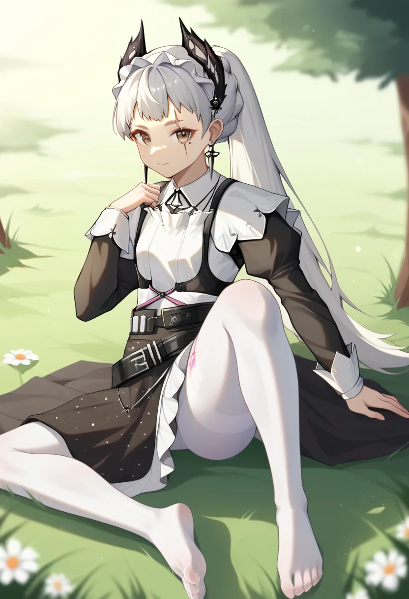 score_9,score_8_up,score_7_up,<lora:arknights_all_v4:1>,1girl, absurdres, belt, black_dress, brown_eyes, closed_mouth, day, facial_mark, feet, grey_hair, hair_ornament, hand_on_own_chest, head_wings, highres, irene_\(arknights\), lens_flare, long_hair, long_sleeves, looking_at_viewer, no_shoes, on_grass, on_ground, outdoors, outstretched_hand, scar_across_eye, scar_on_face, sitting, smile, solo, sparkle, spread_fingers, toes, white_pantyhose