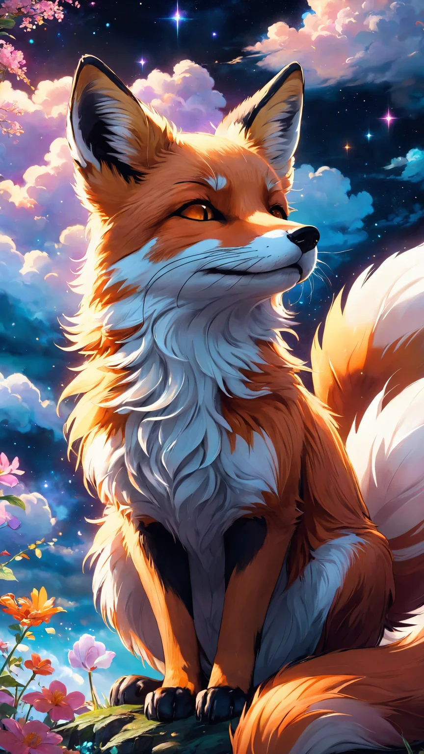 2D anime screencap, serene fox in a mystical cloudscape, intricate details, vibrant colors, ethereal lighting, glowing accents, soft natural lighting, ethereal glow, detailed background, dreamy atmosphere, realistic shadows, fine details in fur and clouds, ultra-quality, magical elements, peaceful expression, closed eyes, enchanting setting, swirling clouds, floating stars, whimsical composition, calm ambiance, delicate line work