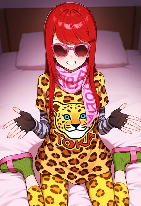 1girl, wariza, shrugging, grin, <lora:KasumiP5-illu:1> tora, red hair, long hair, hair down, swept bangs, sunglasses, pink-framed eyewear, leopard print, pink scarf, print scarf, yellow print shirt, clothes writing, character print, layered sleeves, zebra print sleeves, fingerless gloves, yellow leggings, green socks, pink sandals, bedroom, messy room, masterpiece, best quality, good quality, newest