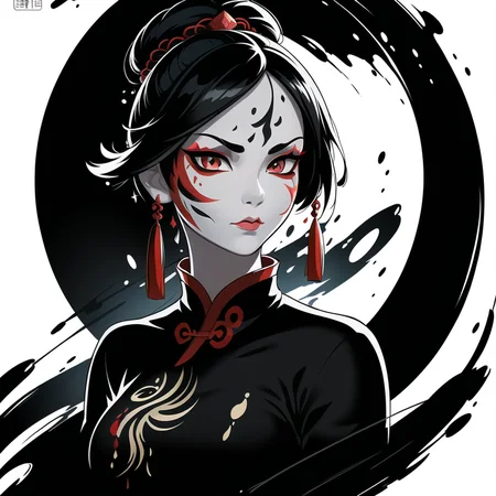 (masterpiece, best quality:1.1), pxint, (Traditional chinese clothing and face paint:1.1), (1girl:1.05), solo, detailed eyes, portrait, fierce, beautiful, looking at viewer, droplets, red and black, sparkle, bubble, flowing, with a splash of paint, (abstract:0.8)