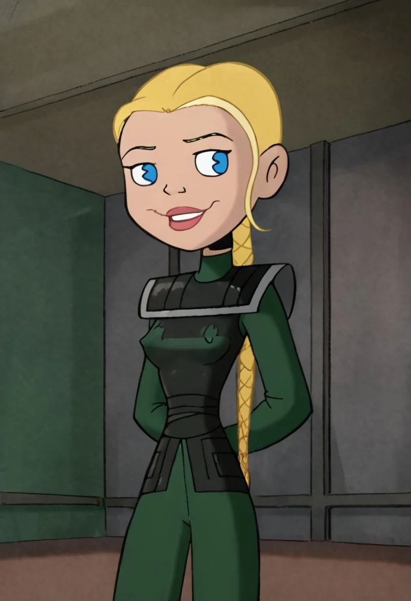 score_9, score_8_up, score_7_up, BREAK, 1girl, rosead, blonde hair, braid, skinny, big perky breasts, big boobs, natural breasts, pointy breasts, HuntsgirlS1, Green Mask, Blue Eyes, Blonde Hair, Braided Ponytail, Low Ponytail, Green Ninja Suit, Armor, Dark Green Armor,covered nipples,, ripped abs, puffy nipples, booty pop, cute ass, hourglass figure, flirty eyes, cowboy shot, portrait, sensual smile, looking at viewer, hands behind her back, inside bedroom