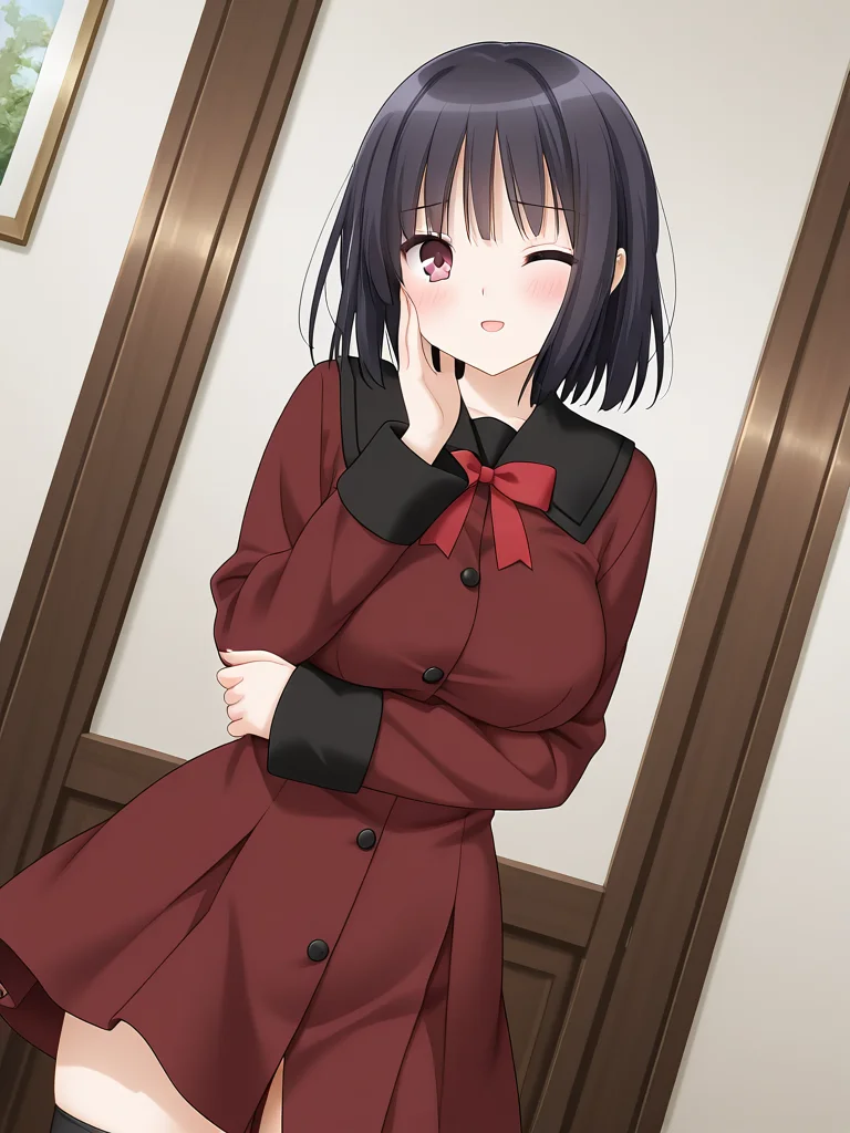 <lora:wai-A3-V140:1>,huge breasts,1girl,solo,yr_yr,<lora:IL_sawaguchi mai & kawamura reo_epoch_10:1>,cowboy shot,dutch angle,embarrassed,looking at viewer,thighhighs,mary jane,red peacoat,black buttons,black collar,black cuffs,long sleeves,small red bow on chest,sawaguchi mai /(fuguriya/),short black hair,red eyes,one eye closed,open smile,Placing hand on cheek,index finger raised,head tilt,, masterpiece,best quality,amazing quality,very aesthetic,absurdres,