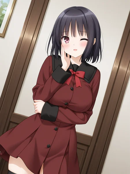 <lora:wai-A3-V140:1>,huge breasts,1girl,solo,yr_yr,<lora:IL_sawaguchi mai & kawamura reo_epoch_10:1>,cowboy shot,dutch angle,embarrassed,looking at viewer,thighhighs,mary jane,red peacoat,black buttons,black collar,black cuffs,long sleeves,small red bow on chest,sawaguchi mai /(fuguriya/),short black hair,red eyes,one eye closed,open smile,Placing hand on cheek,index finger raised,head tilt,, masterpiece,best quality,amazing quality,very aesthetic,absurdres,