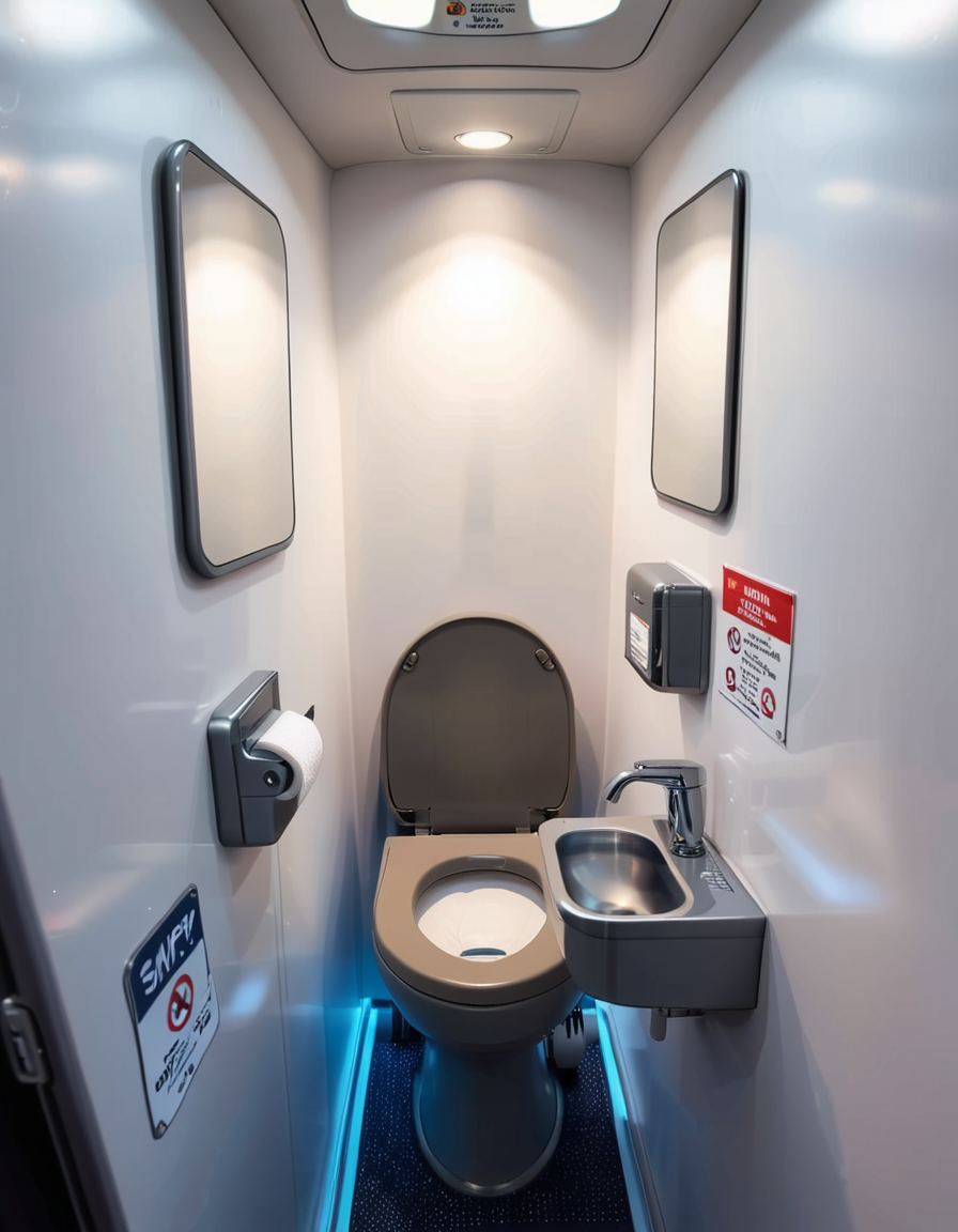 A highly detailed and realistic photograph of an airplane lavatory. The small, compact space features light gray plastic walls with subtle texture, a stainless-steel sink with a motion-sensor faucet, and a mirror reflecting the narrow interior. The toilet is sleek, with a closed lid and a small instruction sticker on top. A soft, dim overhead light illuminates the space, creating a sterile yet functional atmosphere. On the side, a dispenser for paper towels and a built-in trash compartment are visible. The door has a small lock mechanism and an 'Occupied' sign. The floor is dark, non-slip material, and there are small signs with safety instructions in multiple languages. The perspective is slightly wide-angle, capturing the entire space from a slightly tilted angle, emphasizing the compact design. 
<lora:SDXLFaeTastic2400:0.4> <lora:extremely_detailed:0.4> extremely detailed,<lora:airplane_l4v4t0ry:1>,airplane l4v4t0ry, Masterpiece,best quality,hi res,8k,hi res,8k,award winning,(sharp focus, intricate, highly detailed),