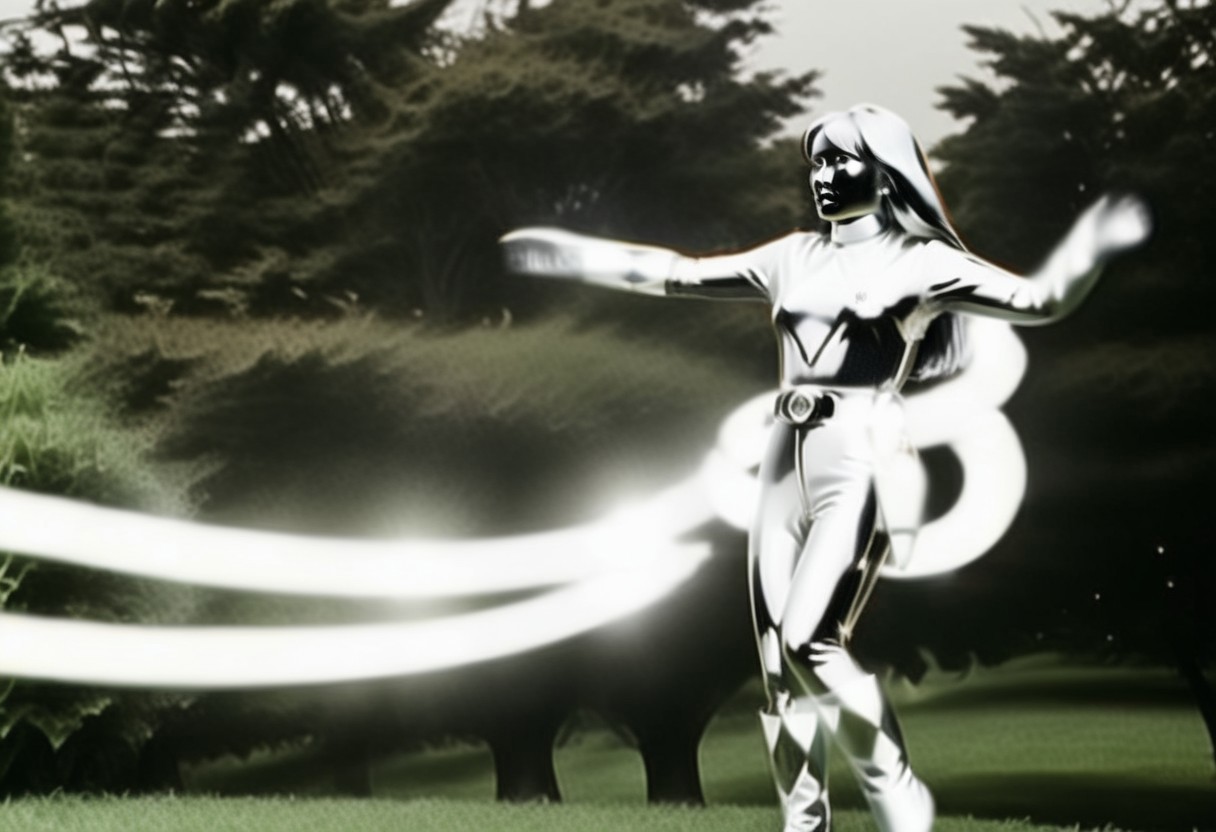 thick energy beam wrapped around waist of chrome statue of power ranger Trini, long straight chrome hair tucked-behind-shoulders, fringe, alone, helmetless, chrome catsuit, chrome turtleneck collar, chrome gloves belt boots holster, large chunky chrome hoop earrings, worried facial expression, gasping, entirely made of chrome, hyperdetailed photography, in rural park
