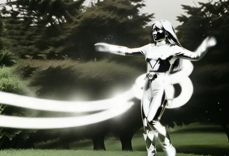 thick energy beam wrapped around waist of chrome statue of power ranger Trini, long straight chrome hair tucked-behind-shoulders, fringe, alone, helmetless, chrome catsuit, chrome turtleneck collar, chrome gloves belt boots holster, large chunky chrome hoop earrings, worried facial expression, gasping, entirely made of chrome, hyperdetailed photography, in rural park