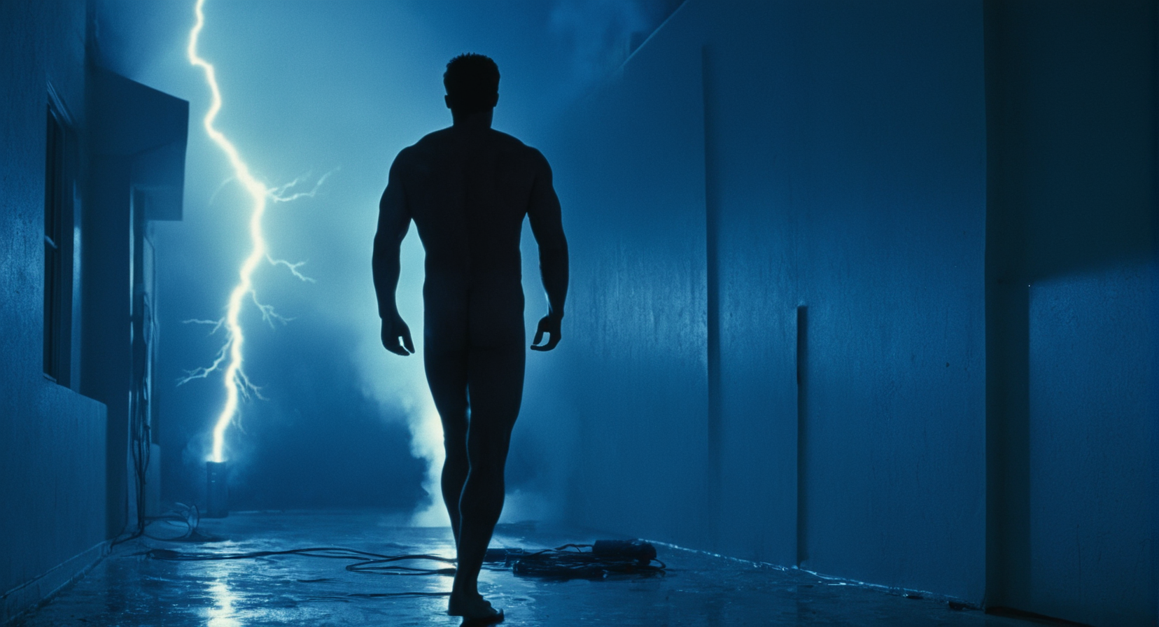 cinematic film still of  <lora:Terminator 2 style:0.8>
In the 1990's a nude man from behind standing in front of a building with a lightning bolt,Extras,lighting,night,no humans,building,scenery,blue theme,electricity , cinematic color, contrast, filmic, science fiction themed, action themed, cinematic look, dramatic light, dramatic shadow light, realistic, realism, perfection, perfect, Kodak, Kodak film, movie still, Terminator style, The Terminator 1991 Film style, shallow depth of field, vignette, highly detailed, high budget, bokeh, cinemascope, moody, epic, gorgeous, film grain, grainy