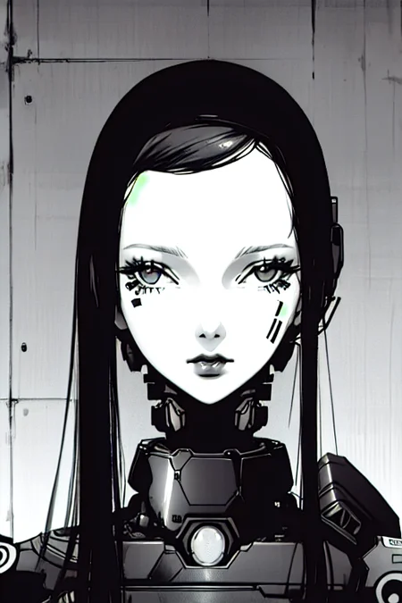 cyborg girl portrait, dim light, ((heavy black and white)), <lora:Blame!:1>