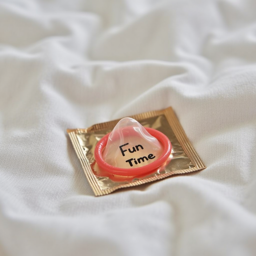 photo of a condom wrapper laying on the bed with the text "Fun Time" written on the wrapper