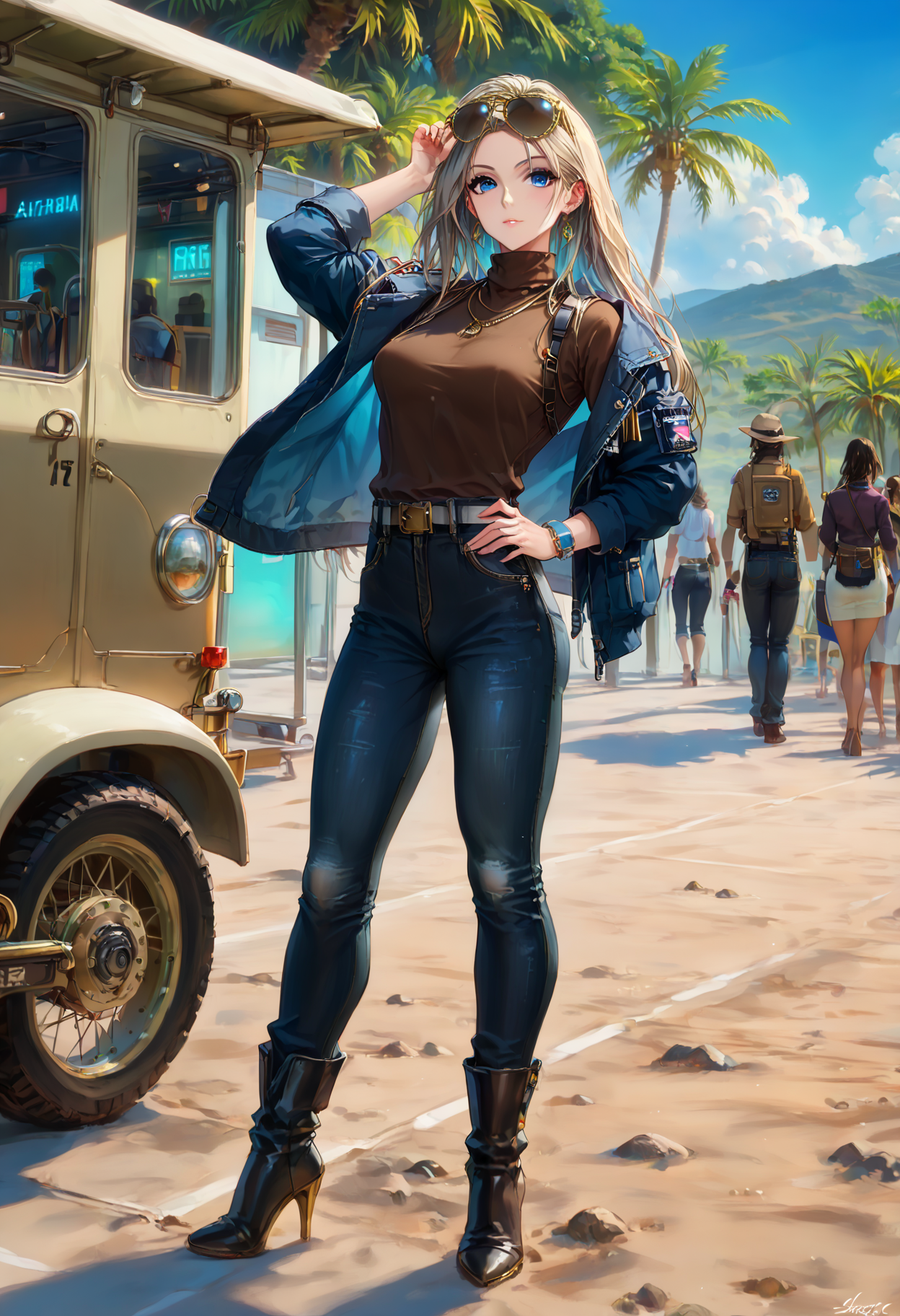 Expressiveh, c4rll4r, masterpiece, score_9, score_8_up, score_7_up, score_6_up, (neon glow, dreamlike, dreamart:1.1), perfect quality, highest quality, 8k, hyperrealistic, highest details, hdr, ultrasharp, cinematic, (perfect breasts:1.1), detailed hair, (stunning background:1.3), 1 female, (37 years old), nsfw, uncensored, epcd, aviator black sunglasses, brown sweater, denim, blue jacket, belt, wristwatch, black jeans, high heel boots, posing, elegant, sexy, seductive, tourist, (sightseeing:1.2), outdoors, (safari, africa:1.4)<lora:EnterprisePDcompleteV1 AL.safetensors:0.7000000000000001:0.7000000000000001> <lora:SDXLFaeTastic2400.safetensors:1.0:1.0> <lora:c4rll4rXLP.safetensors:0.3:0.3> <lora:incase_style_v3-1_ponyxl_ilff.safetensors:0.3:0.3> <lora:Expressive_H-000001.safetensors:0.4:0.4> <lora:sinfully_stylish_PONY_0.2.safetensors:0.2:0.2>