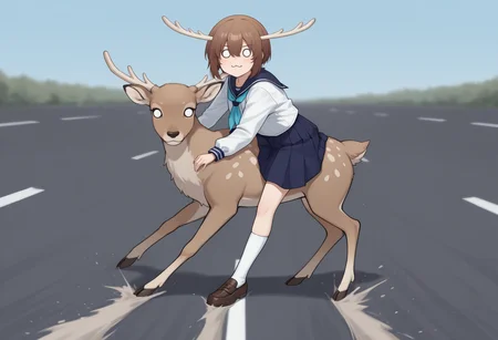 masterpiece, best quality, full body, solo, 1girl, shknk, :3, o o, looking at viewer, ak1rasl1de, riding animal, deer, antlers, brown hair, short hair, hair between eyes, blue sailor collar, white serafuku, blue neckerchief, pleated skirt, blue skirt, white socks, loafers, road
<segment:yolo-Anzhc Face seg 640 v2 y8n.pt,0.4,0.5//cid=1>